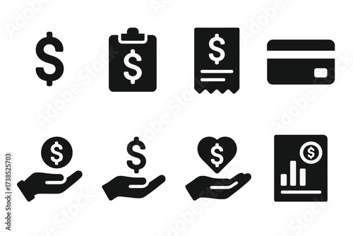 Finance Icons Grid. Solid, filled icon set of TV network finance: dollar sign, budget, invoice, credit card, payment, donation, fundraising, financial report.