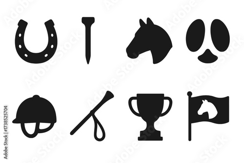 Horse Icon Set. Solid, filled icon set of horse symbols: horseshoe, horseshoe nail, horse head silhouette, horse shoe print, riding helmet, whip, trophy, horse