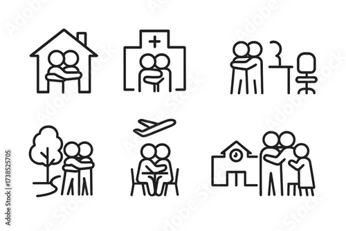 Diverse Hug Icons. Outline icon set of hug environments: home hug, hospital hug, office hug, park hug, airport hug, school hug, cafe hug, family gathering hug.