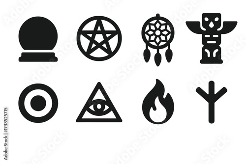 Mystical Symbol Icons. Solid, filled icon set of spirit world symbols: crystal ball, pentagram, dreamcatcher, totem pole, sacred circle, eye of providence,