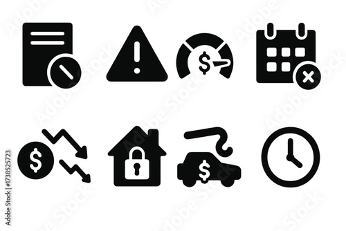 Debt Icon Set. Solid, filled icon set of debt indicators: overdue notice, warning sign, low credit score, payment missed, default, foreclosure, repossession,
