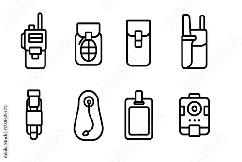 Vest Accessory Icons. Outline icon set of vest accessories: radio pouch, grenade pouch, magazine pouch, knife sheath, flashlight holder, hydration bladder, ID
