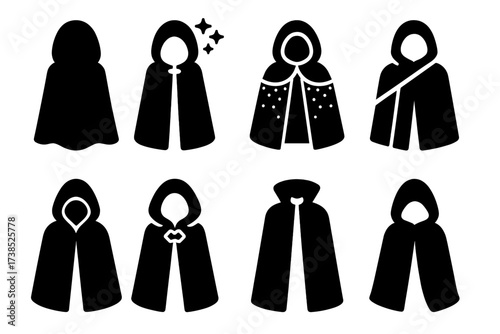 Fictional Cloak Icons. Solid, filled icon set of cloaks in fiction: invisibility cloak, magical cloak, royal mantle, battle cloak, dark cloak, enchanted cloak,