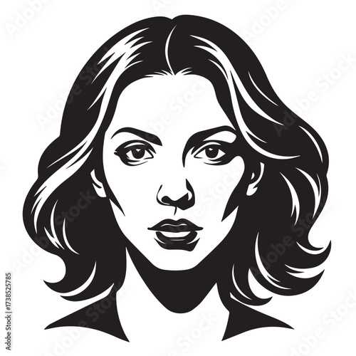A striking black and white vector portrait of a woman isolated on white background, highlighting her elegant features, stylish hairstyle, and confident expression, ideal for fashion and beauty designs