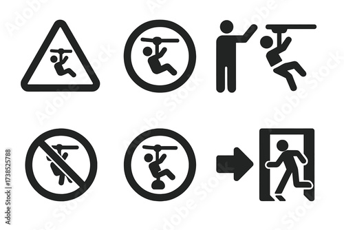 Zip Line Safety Icons. Solid, filled icon set of zip line signage: warning sign, speed limit, no jumping, safety instructions, age restriction, weight limit,