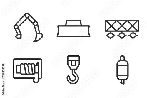 Combat Engineering Tools Icons. Outline icon set of combat engineering vehicle tools: hydraulic arm, bulldozer blade, mine plow, bridge section, winch, crane