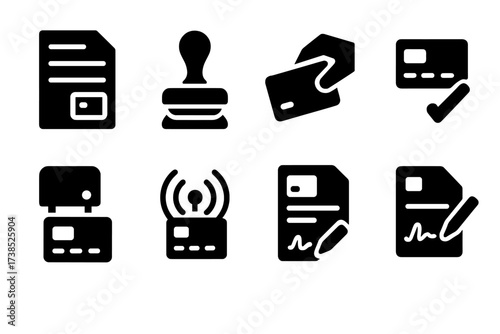 Debit Card Icon Set. Solid, filled icon set of debit card issuance: application form, approval stamp, card printing, card delivery, activation, signature