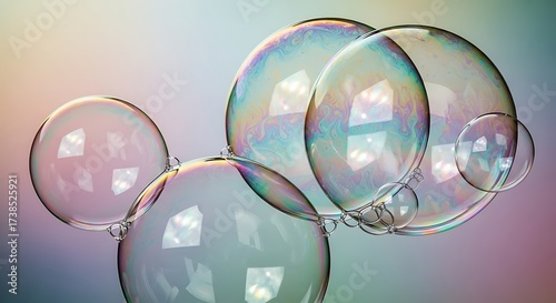 Iridescent soap bubbles clustered together against a soft pastel colored gradient background