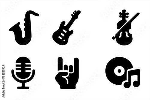 Music Genre Icons. Solid, filled icon set of solo genres: jazz, rock, blues, classical, pop, metal, funk, soul. Solid, filled icons in only black color. All