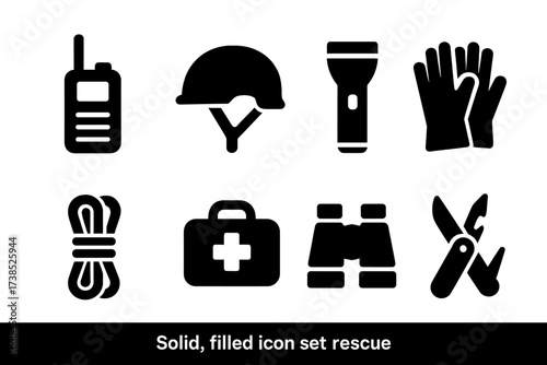 Rescue Equipment Icons. Solid, filled icon set of rescue team tools: walkie-talkie, helmet, flashlight, gloves, ropes, first aid kit, binoculars, multi-tool.