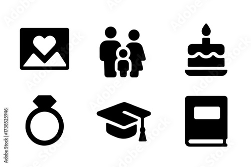 Memory Icon Set. Solid, filled icon set of personal memory symbols: heart photo, family icon, travel snapshot, birthday cake, anniversary ring, graduation cap,