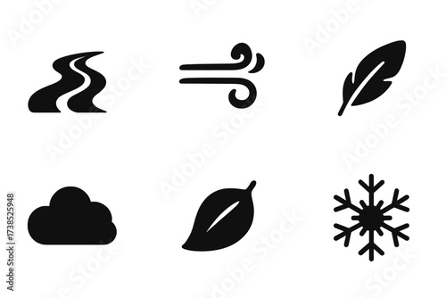 Grace in Nature Icons. Solid, filled icon set of grace in nature: flowing river, gentle breeze, blooming flower, floating feather, soft cloud, drifting leaf,
