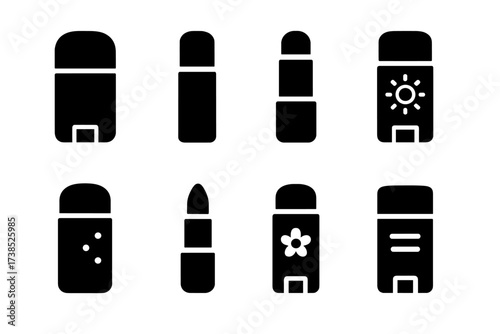 Stick Cosmetics Icon Set. Solid, filled icon set of stick cosmetics: deodorant stick, lip balm stick, foundation stick, sunscreen stick, blush stick, concealer