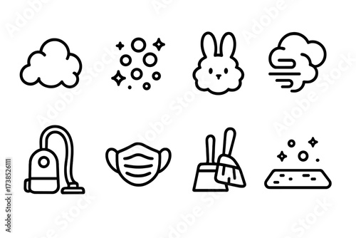Dust Icon Set. Outline icon set of dust: dust cloud, dust particles, dust bunny, dust storm, vacuum cleaner, dust mask, dustpan and brush, dusty surface. Line