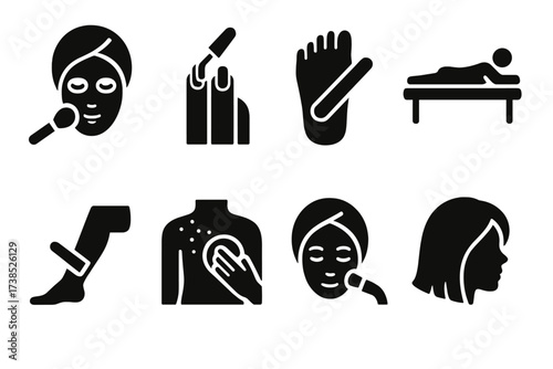 Beauty Treatment Icons. Solid, filled icon set of beauty treatments: facial, manicure, pedicure, massage, waxing, body scrub, microdermabrasion, hair coloring.