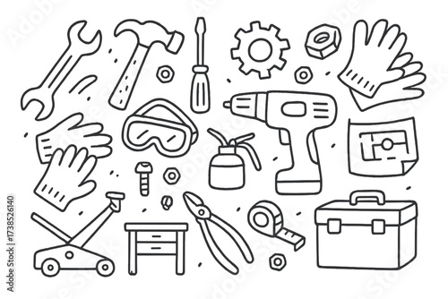 Mechanical Workshop Tools. Hand-drawn doodle illustration mechanical workshop wrench, hammer, screwdriver, gear, nuts and bolts, drill, pliers, workbench,