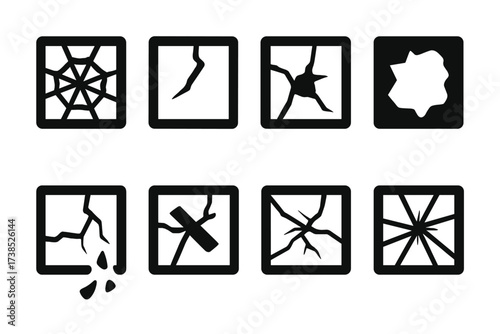 Cracked Window Icons. Solid, filled icon set of cracked window pane: spiderweb fracture, split glass, chipped edges, hole in glass, broken frame, shards