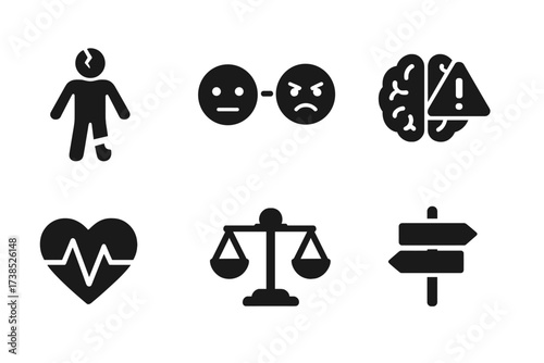 Emotional Threshold Icons. Solid, filled icon set of emotional and mental thresholds: breaking point, calm to anger, balance scale, brain with warning, heart