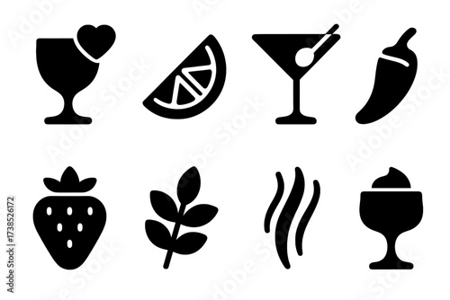 Cocktail Flavor Icons. Solid, filled icon set of cocktail flavors: sweet, sour, bitter, spicy, fruity, herbal, smoky, creamy. Solid, filled icons in only black