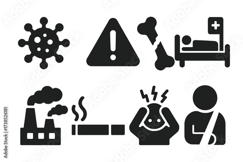 Lifespan Risk Icons. Solid, filled icon set of lifespan risks: virus, hazard sign, broken bone, hospital bed, pollution, cigarette, stress icon, injury.