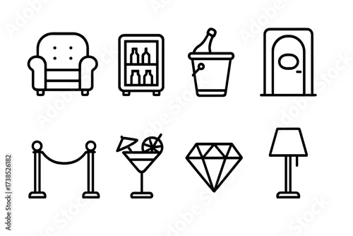 VIP Room Essentials. Outline icon set of VIP room comfort: leather armchair, minibar, champagne bucket, private door, velvet rope, exclusive cocktail, diamond,