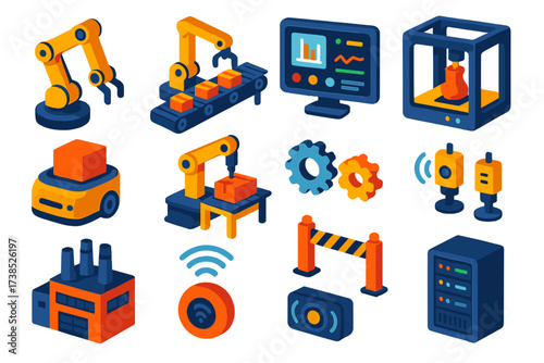 Smart Factory Innovations. Isometric vector illustration set Smart Factory: robotic arm, automated conveyor, digital control