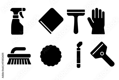 Glass Maintenance Icons. Solid, filled icon set of glass maintenance tools: glass cleaner spray, microfiber cloth, squeegee, gloves, brush, polishing cloth,