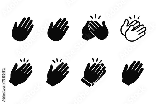 Clapping Hands Icons. Solid, filled icon set of clapping hand styles: left hand, right hand, both hands, cartoon hands, realistic hands, stylized hands,