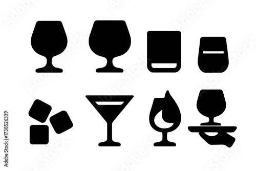 Brandy Glass Icon Set. Solid, filled icon set of brandy glasses and servings: snifter glass, brandy balloon, rocks glass, neat pour, ice cubes, cocktail glass,