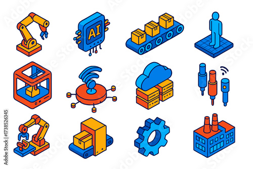 Industry 4.0 Icons. Isometric vector illustration set Industry 4.0: robotic arm, AI control unit, conveyor system, digital twin