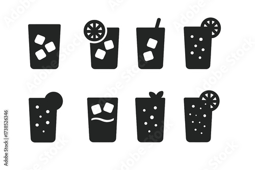 Highball Cocktail Icons. Solid, filled icon set of highball cocktails: whiskey highball, gin and tonic, rum and coke, vodka soda, tequila highball, dark and