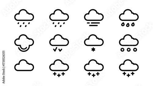 Weather forecast icons depicting rain drizzle overcast and snow conditions for use in weather applications and meteorological reports providing a clear visual representation