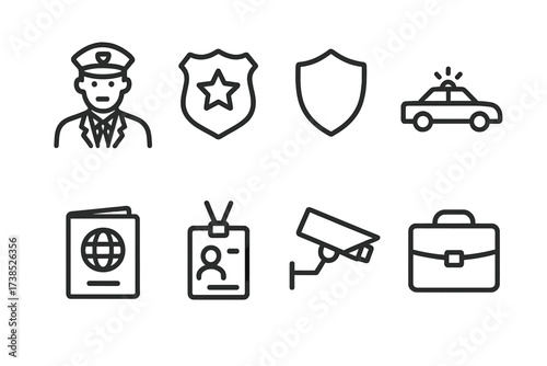 Senator Security Icons. Outline icon set of senator security and protocol: guard, security badge, shield, police car, passport, keycard, CCTV camera,