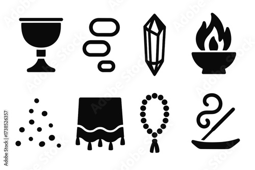 Ritual Purification Icons. Solid, filled icon set of ritual purification: chalice, smoke rings, crystal wand, sacred fire, salt grains, altar cloth, prayer