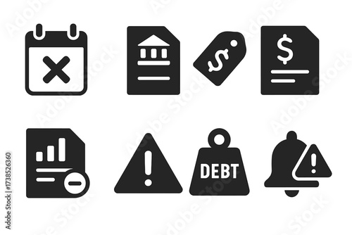 Loan Default Icons. Solid, filled icon set of loan default: missed installment, bank notice, penalty fee, loan agreement, credit report, warning triangle,