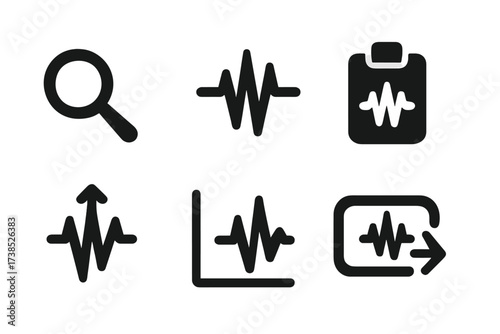 Waveform Editing Icons. Solid, filled icon set of waveform editing tools: zoom, cut, copy, paste, normalize, fade in, fade out, loop selection. Solid, filled