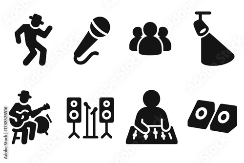 Funk Performance Icons. Solid, filled icon set of funk performance: stage dance, microphone, crowd, spotlight, jam session, band setup, live mixing, stage