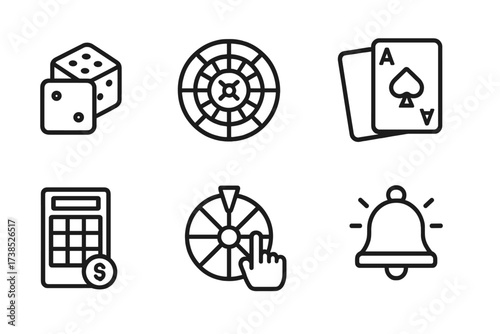 Game of Chance Icons. Outline icon set of game of chance: dice, roulette wheel, playing cards, slot machine, lottery ticket, spinner, coin toss, jackpot bell.