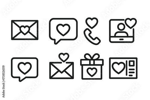 Love Communication Icons. Outline icon set of love communication: heart message, chat bubble, phone call with heart, video call, social media like, love email,