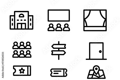 Conference Venue Icons. Outline icon set of conference venues: building, auditorium, stage, seating rows, signpost, entrance door, ticket, map. Line icons in