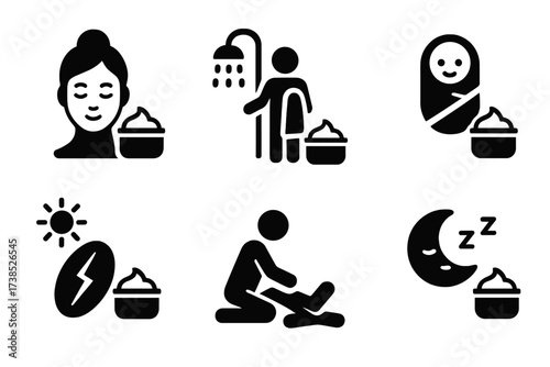 Cocoa Butter Icons. Solid, filled icon set of cocoa butter usage occasions: daily skincare, post-shower, massage therapy, baby care, sunburn relief, dry skin