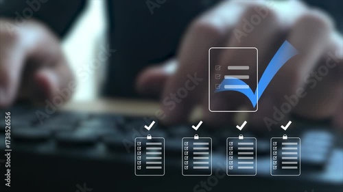 Businessman managing digital documents and task approval process on laptop. Smart technology interface for workflow automation, data management, productivity and online document verification.