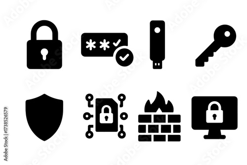 Crypto Security Icons. Solid, filled icon set of crypto security: padlock, two-factor authentication, hardware wallet, private key, shield, encryption,