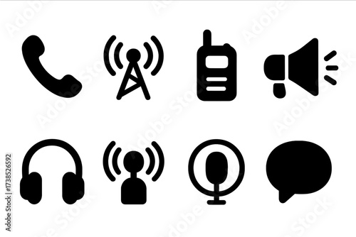 Sound Communication Icons. Solid, filled icon set of sound communication: telephone, radio tower, walkie-talkie, megaphone, intercom, headphones, podcast,