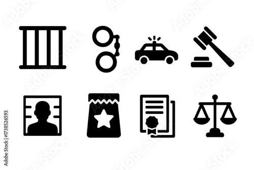 Criminal Justice Icons. Solid, filled icon set of criminal justice: prison bars, handcuffs, police car, gavel, scales, mugshot, evidence bag, legal documents.