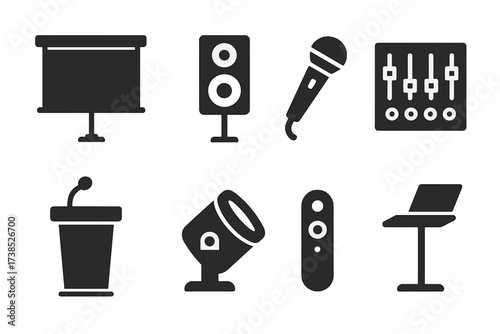 Banquet AV Icons. Solid, filled icon set of banquet AV setup: projector screen, mounted speaker, wireless microphone, audio mixer, podium with mic, spotlight,