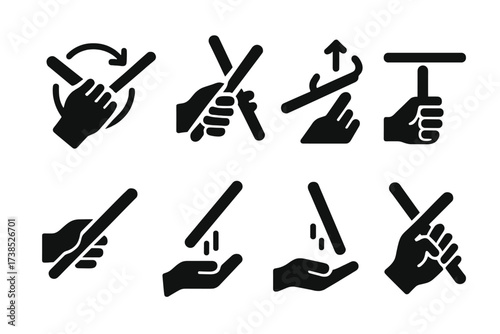 Percussion Stick Icon Set. Solid, filled icon set of percussion stick tricks: stick twirl, stick roll, stick flip, stick spin, stick balance, stick slap, stick