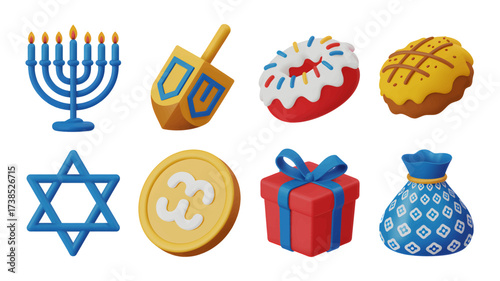Festive hanukkah celebration elements including menorah dreidel star of david gelt gift and sufganiyot arranged creating a joyful and vibrant holiday scene