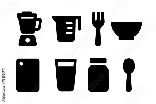 Fiber Consumption Tools. Solid, filled icon set of fiber consumption tools: blender, measuring cup, fork, bowl, cutting board, water glass, jar, spoon. [Line