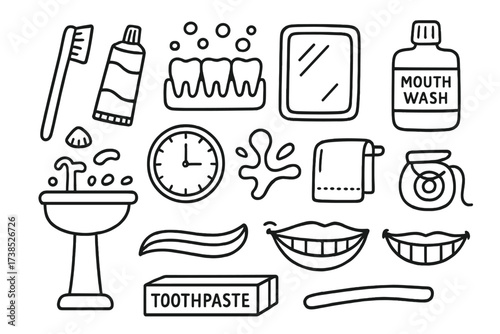 Brushing Teeth Doodle. Hand-drawn doodle illustration brushing teeth routine toothbrush, toothpaste tube, toothpaste cap, teeth, bubbles, sink, towel, mirror,